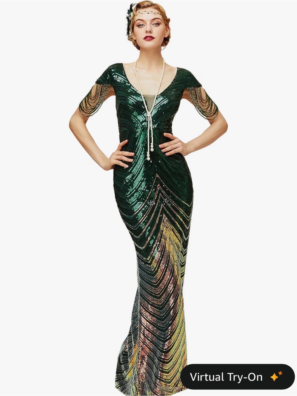 Emerald Green Sequined Maxi Dress with Art Deco Beadwork